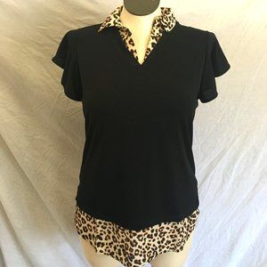 Adrianna Papell Black V Neck Blouse with Flutter Sleeves Leopard Collar Medium